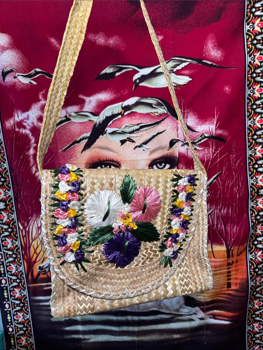 Handwoven Straw Crossbody Bag with Multicolor Floral Embroidery